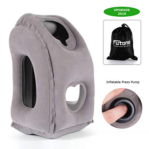 Futone Inflatable Travel Pillow Airplane Pillow with Neck and Head Support for Flights, Buses, Cars, Trains, Office (Gray)