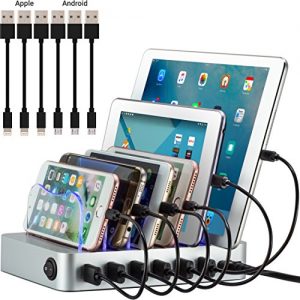 Simicore Smart Charging Station Dock & Organizer for Smartphones, Tablets & Other Gadgets - 6-Port Multiple USB Charger Station & Phone Docking Station with Charging Status Indicator (Silver)